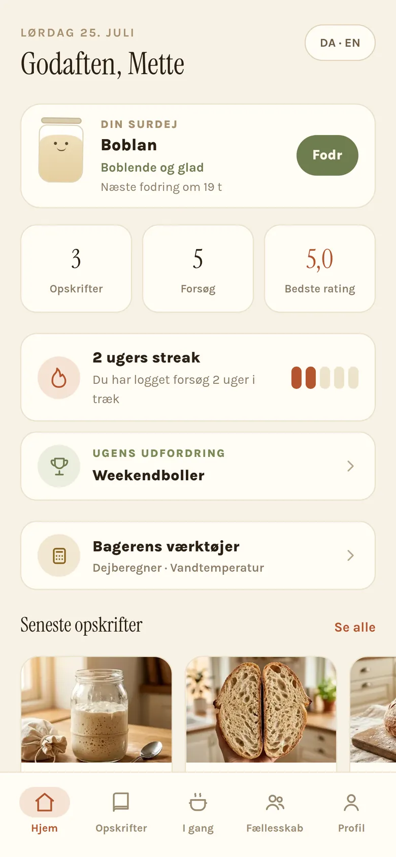 MyHappyDough-appen: forsiden med surdej, stjerner og ugens udfordring